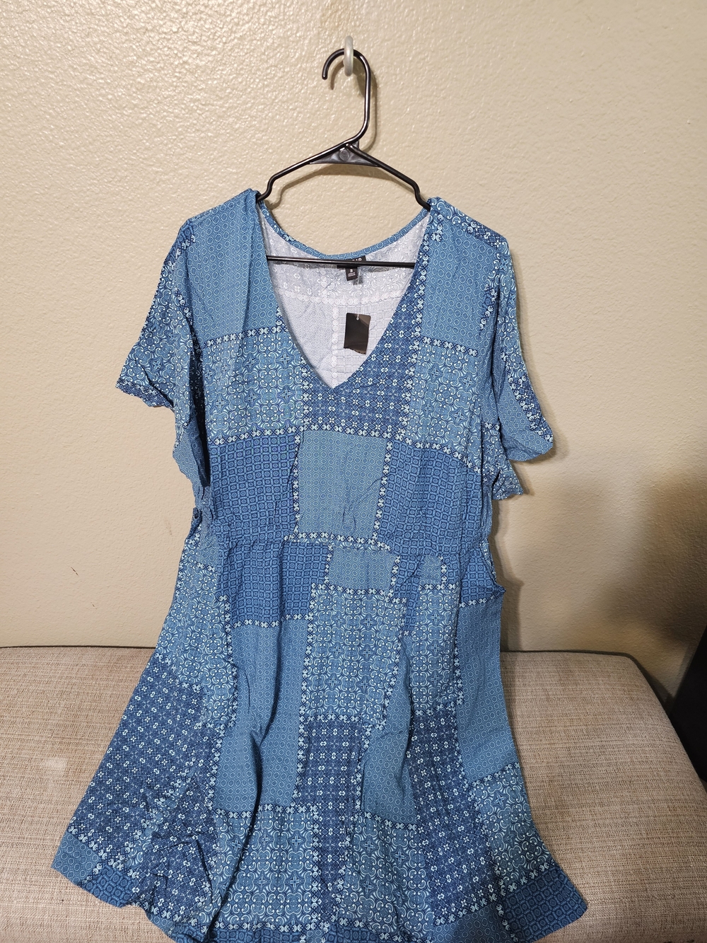 Torrid NWT Blue Patchwork V-Neck Elastic Waist Mini Skater Dress Size 3 3X